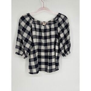 Universal Threads Womens Sz M Gingham Plaid Short Slv Top Black White Checkered